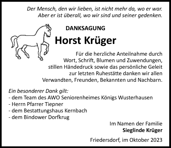 Traueranzeige von Horst Krüger von Märkischen Allgemeine Zeitung