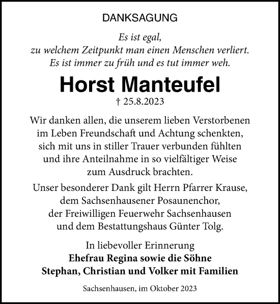 Traueranzeige von Horst Manteufel von Märkischen Allgemeine Zeitung
