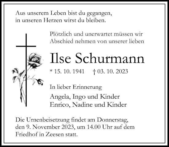 Traueranzeige von Ilse Schurmann von Märkischen Allgemeine Zeitung