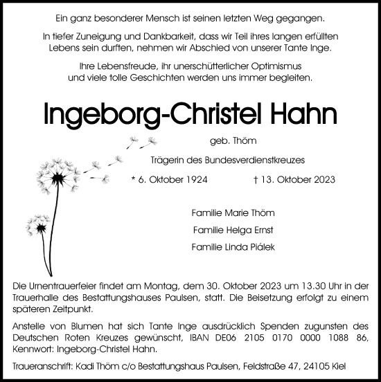 Traueranzeige von Ingeborg-Christel Hahn von Kieler Nachrichten