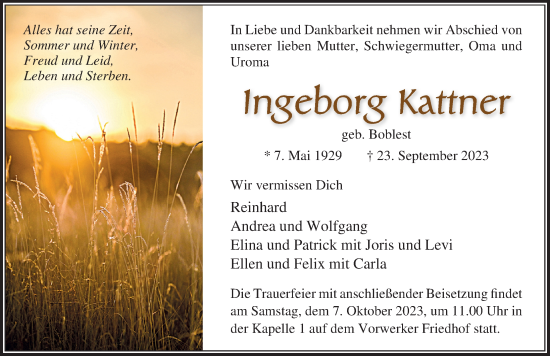 Traueranzeige von Ingeborg Kattner von Lübecker Nachrichten