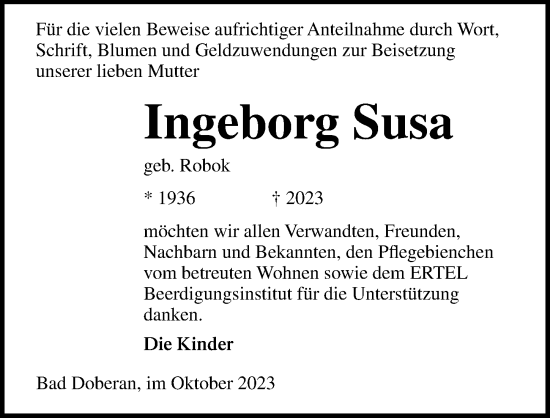 Traueranzeige von Ingeborg Susa von Ostsee-Zeitung GmbH
