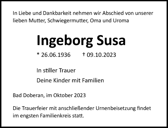 Traueranzeige von Ingeborg Susa von Ostsee-Zeitung GmbH