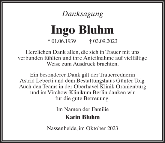Traueranzeige von Ingo Bluhm von Märkischen Allgemeine Zeitung