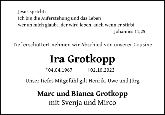 Traueranzeige von Ira Grotkopp von Lübecker Nachrichten