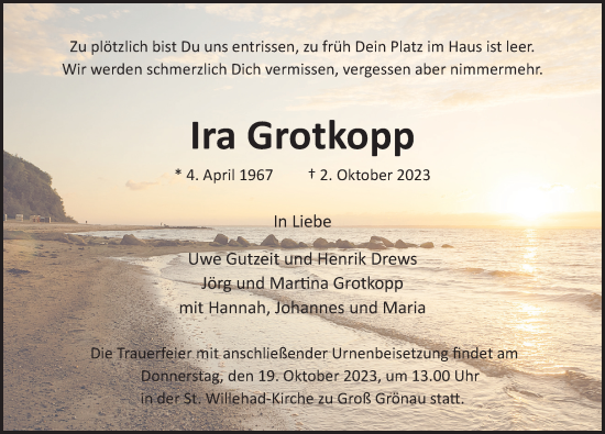 Traueranzeige von Ira Grotkopp von Lübecker Nachrichten
