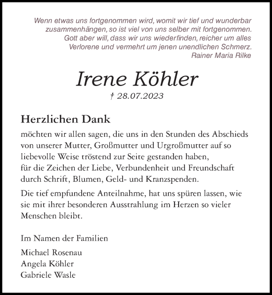 Traueranzeige von Irene Köhler von Lübecker Nachrichten