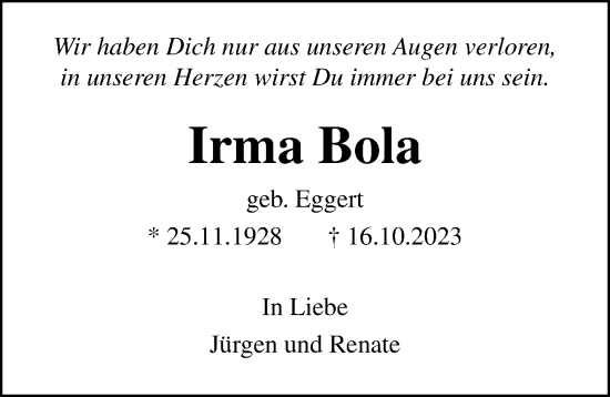 Traueranzeige von Irma Bola von Lübecker Nachrichten