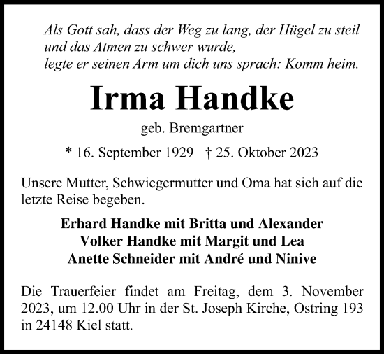 Traueranzeige von Irma Handke von Kieler Nachrichten