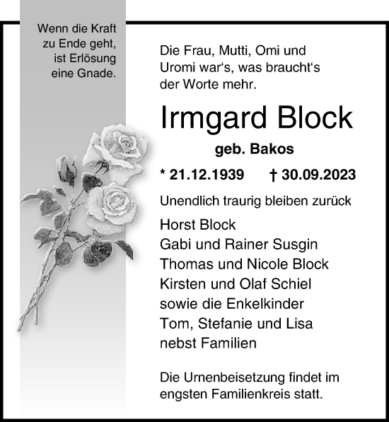 Traueranzeige von Irmgard Block von Ostsee-Zeitung GmbH