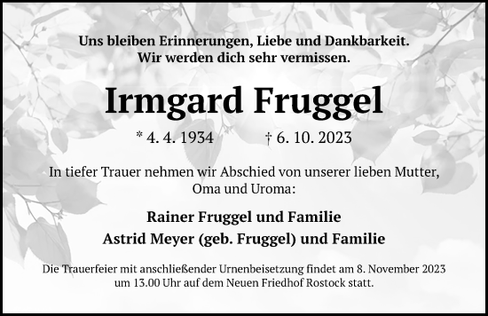 Traueranzeige von Irmgard Fruggel von Ostsee-Zeitung GmbH