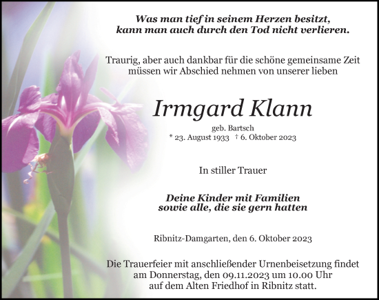 Traueranzeige von Irmgard Klann von Ostsee-Zeitung GmbH