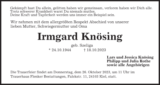 Traueranzeige von Irmgard Knösing von Kieler Nachrichten