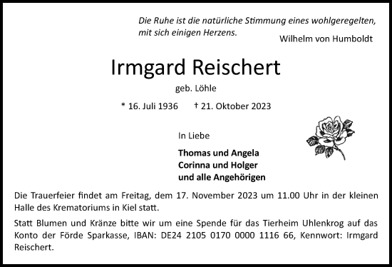 Traueranzeige von Irmgard Reischert von Kieler Nachrichten