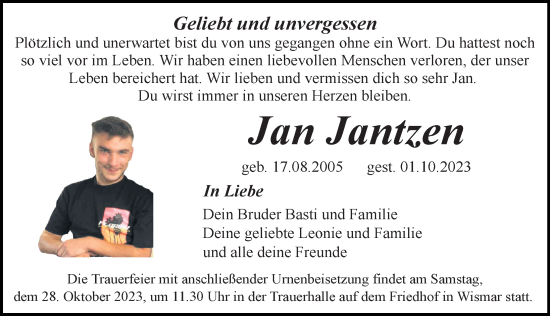 Traueranzeige von Jan Jantzen von Ostsee-Zeitung GmbH