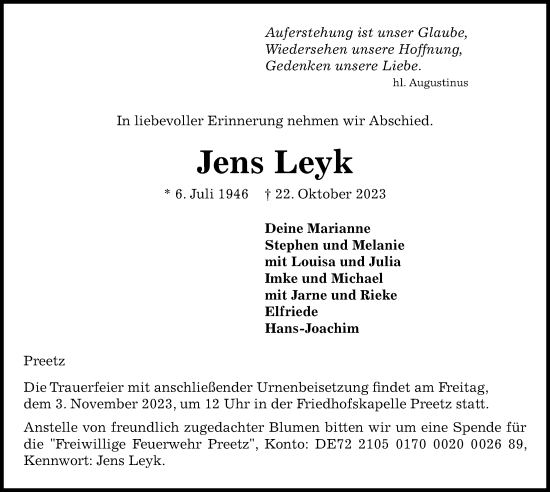 Traueranzeige von Jens Leyk von Kieler Nachrichten