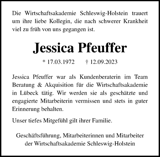 Traueranzeige von Jessica Pfeuffer von Lübecker Nachrichten