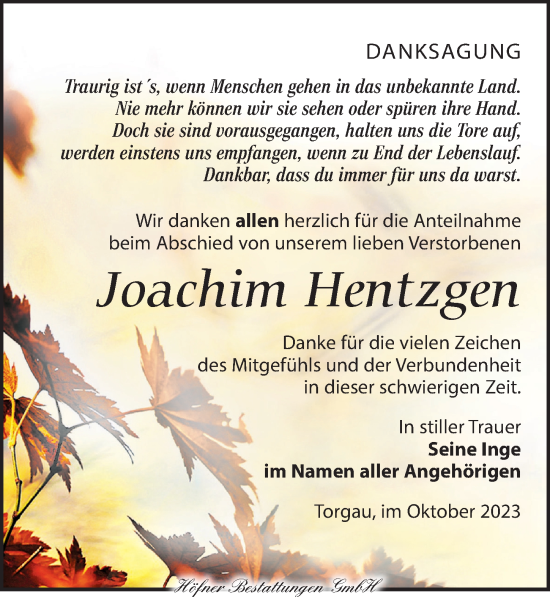 Traueranzeige von Joachim Hentzgen von Torgauer Zeitung