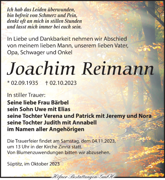 Traueranzeige von Joachim Reimarm von Torgauer Zeitung