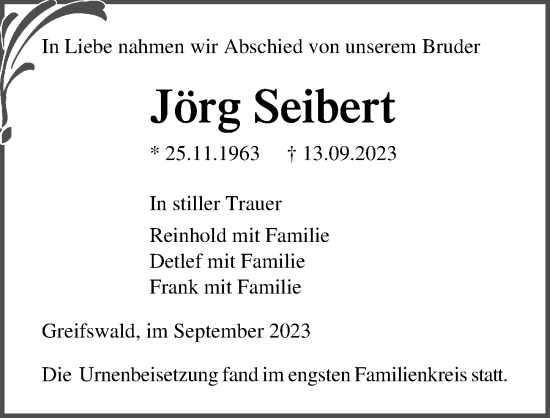 Traueranzeige von Jörg Seibert von Ostsee-Zeitung GmbH