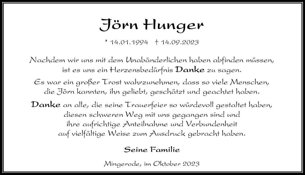  Traueranzeige für Jörn Hunger vom 21.10.2023 aus Eichsfelder Tageblatt