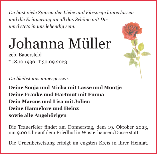 Traueranzeige von Johanna Müller