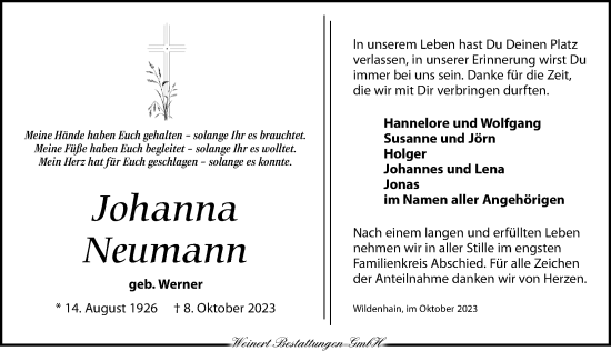 Traueranzeige von Johanna Neumann von Leipziger Volkszeitung