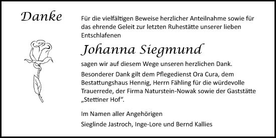 Traueranzeige von Johanna Siegmund von Ostsee-Zeitung GmbH