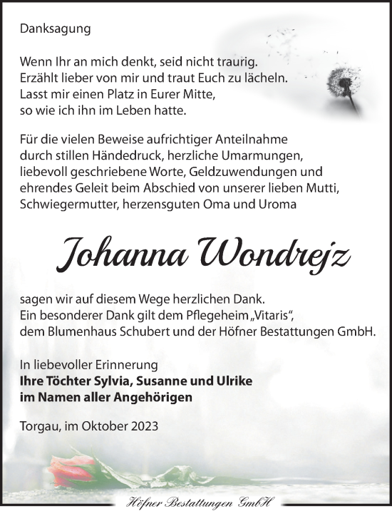 Traueranzeige von Johanna Wondrejz von Torgauer Zeitung