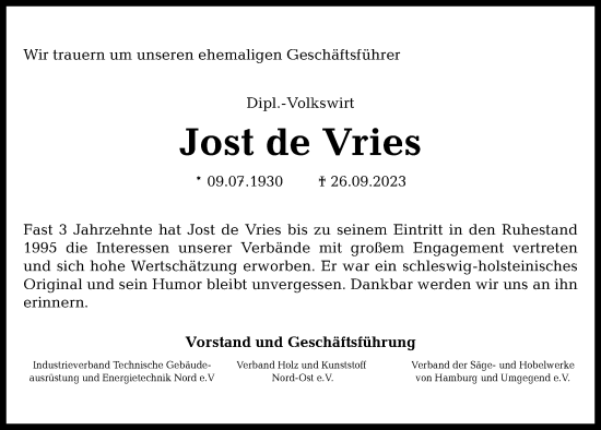 Traueranzeige von Jost de Vries von Kieler Nachrichten