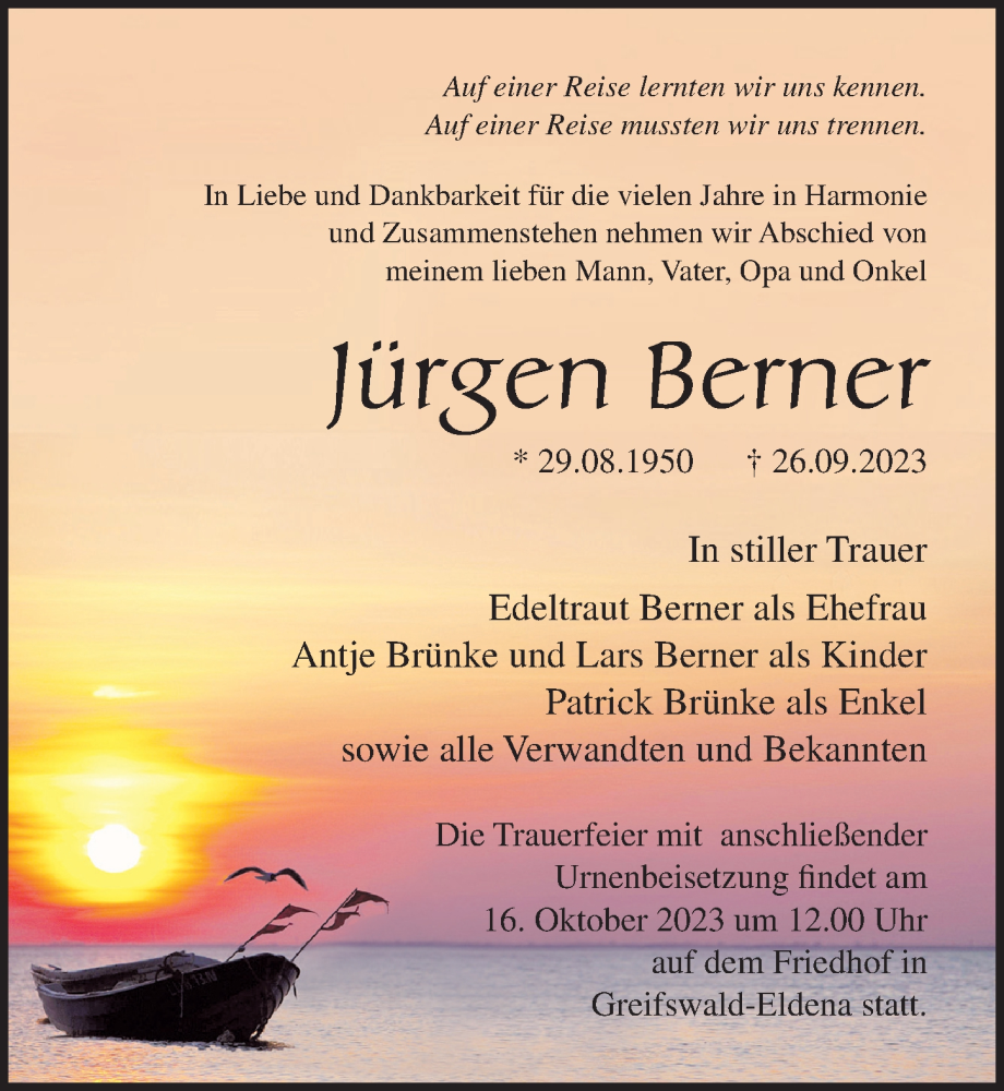  Traueranzeige für Jürgen Berner vom 14.10.2023 aus Ostsee-Zeitung GmbH