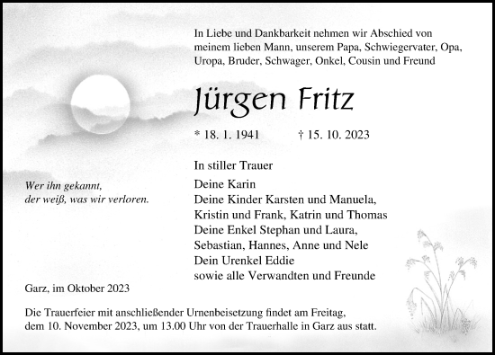 Traueranzeige von Jürgen Fritz von Ostsee-Zeitung GmbH