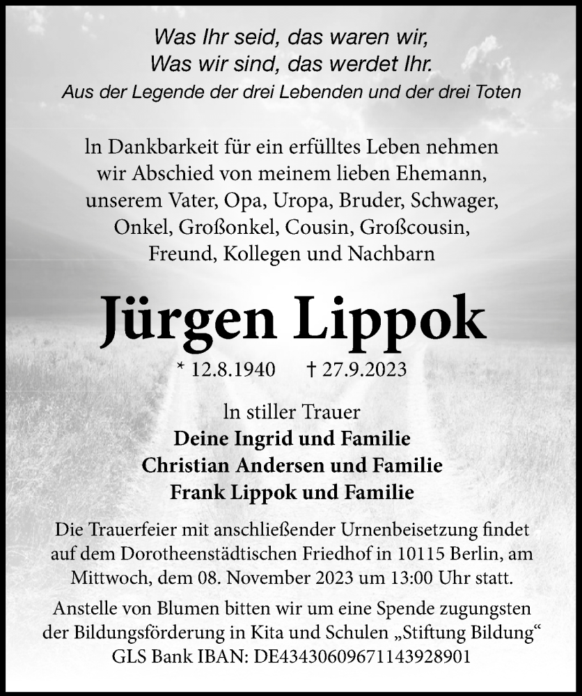  Traueranzeige für Jürgen Lippok vom 07.10.2023 aus Märkischen Allgemeine Zeitung