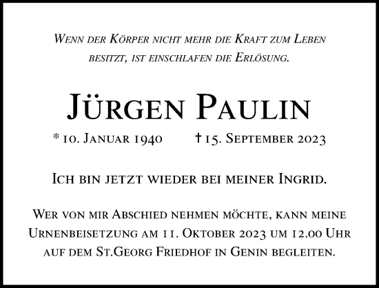 Traueranzeige von Jürgen Paulin von Lübecker Nachrichten
