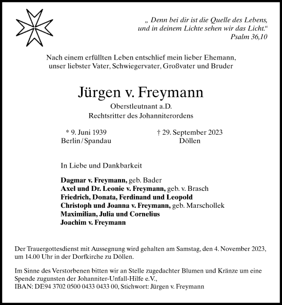 Traueranzeige von Jürgen v. Freymann von Märkischen Allgemeine Zeitung
