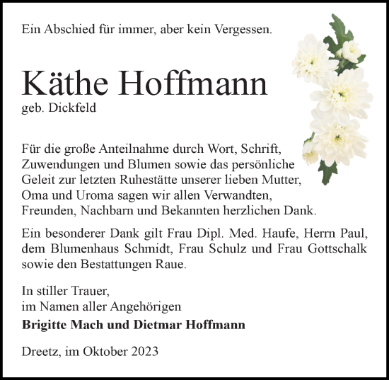 Traueranzeige von Käthe Hoffmann