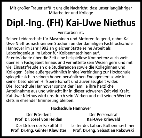 Traueranzeige von Kai-Uwe Niethus von Hannoversche Allgemeine Zeitung/Neue Presse