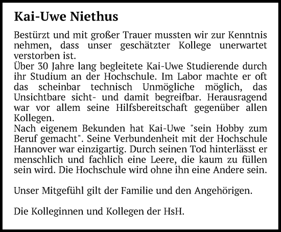 Traueranzeige von Kai-Uwe Niethus von Hannoversche Allgemeine Zeitung/Neue Presse