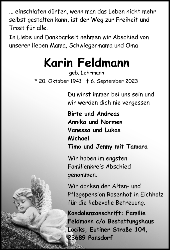  Traueranzeige für Karin Feldmann vom 01.10.2023 aus Lübecker Nachrichten