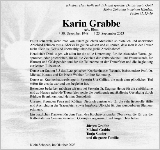 Traueranzeige von Karin Grabbe von Göttinger Tageblatt