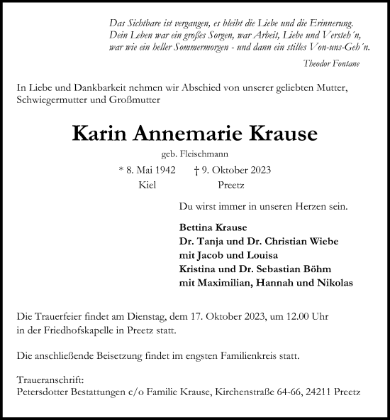 Traueranzeige von Karin Annemarie Krause von Kieler Nachrichten