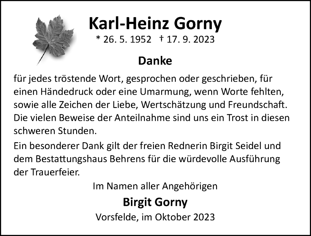  Traueranzeige für Karl-Heinz Gorny vom 14.10.2023 aus Aller Zeitung