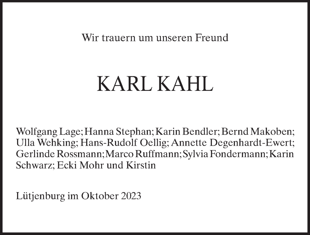  Traueranzeige für Karl Kahl vom 13.10.2023 aus Kieler Nachrichten