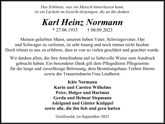 Traueranzeige von Karl Heinz Normann von Ostsee-Zeitung GmbH