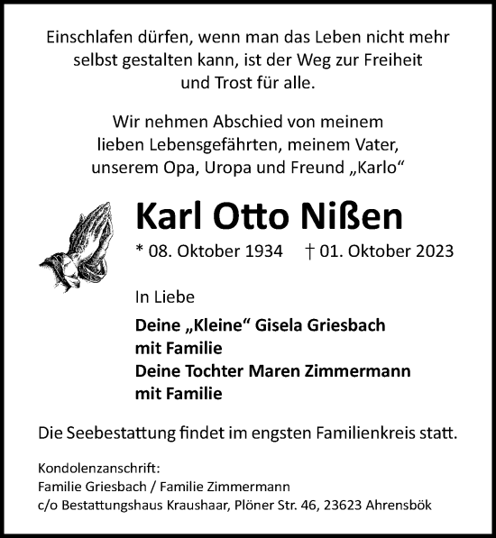 Traueranzeige von Karl Otto Nißen von Lübecker Nachrichten