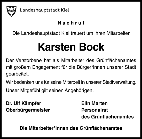 Traueranzeige von Karsten Bock von Kieler Nachrichten