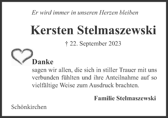 Traueranzeige von Kersten Stelmaszewski von Kieler Nachrichten