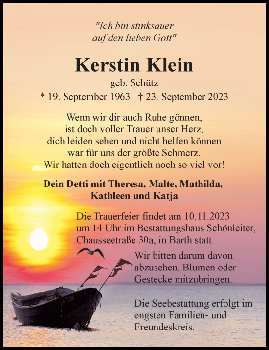 Traueranzeige von Kerstin Klein von Ostsee-Zeitung GmbH