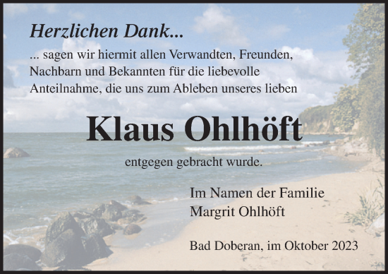 Traueranzeige von Klaus Ohlhöft von Ostsee-Zeitung GmbH