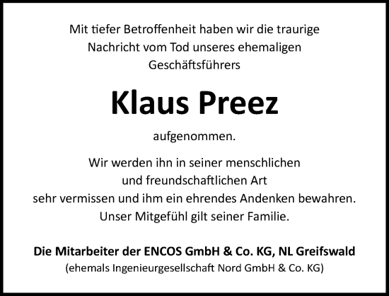 Traueranzeige von Klaus Preez von Ostsee-Zeitung GmbH